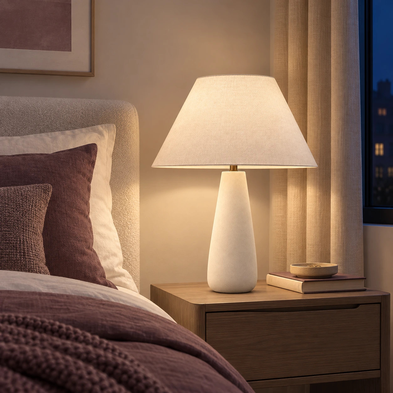 Marlow table lamp glowing beside a bed at night