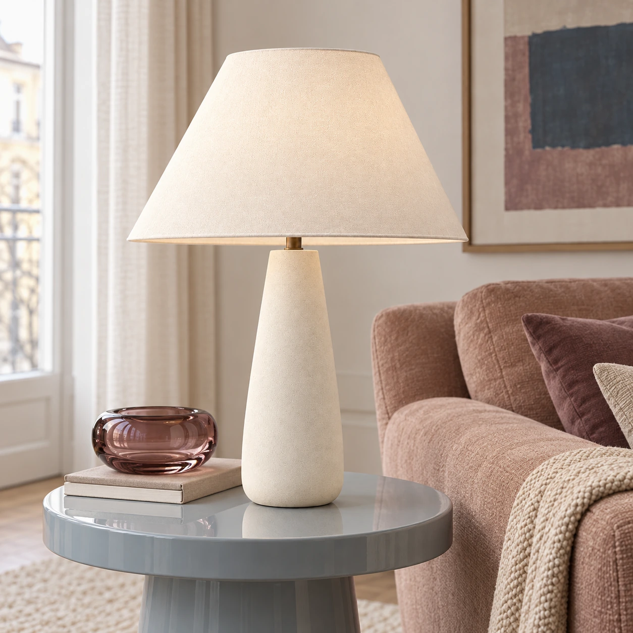 Marlow table lamp beside a soft clay sofa