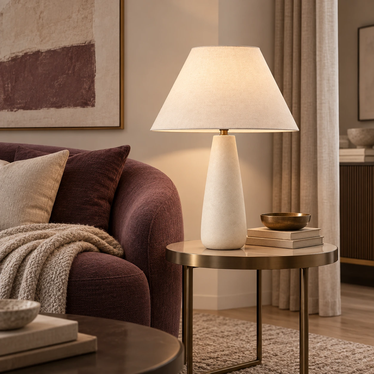 Marlow table lamp beside a muted plum sofa