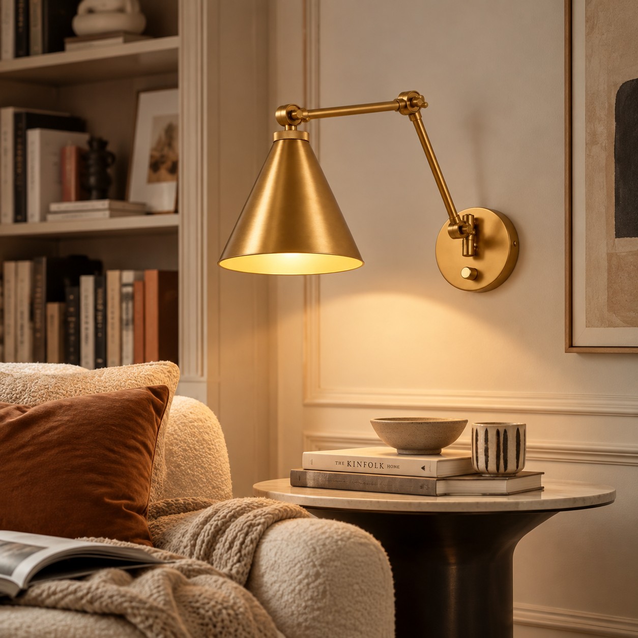 Jove wall sconce beside a blue-gray bedroom wall