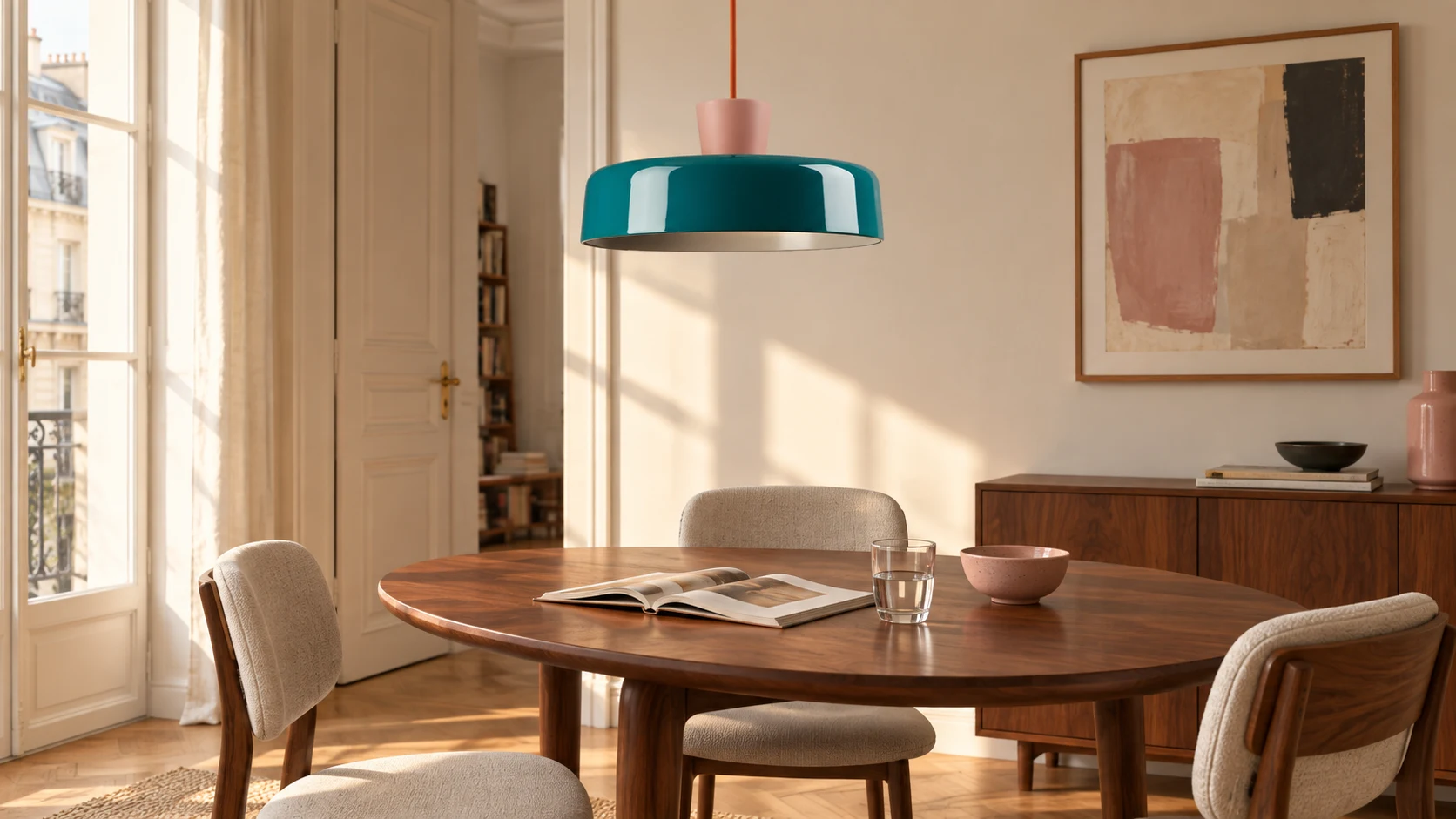 Suki retro peacock blue pendant lamp above a lived-in dining room