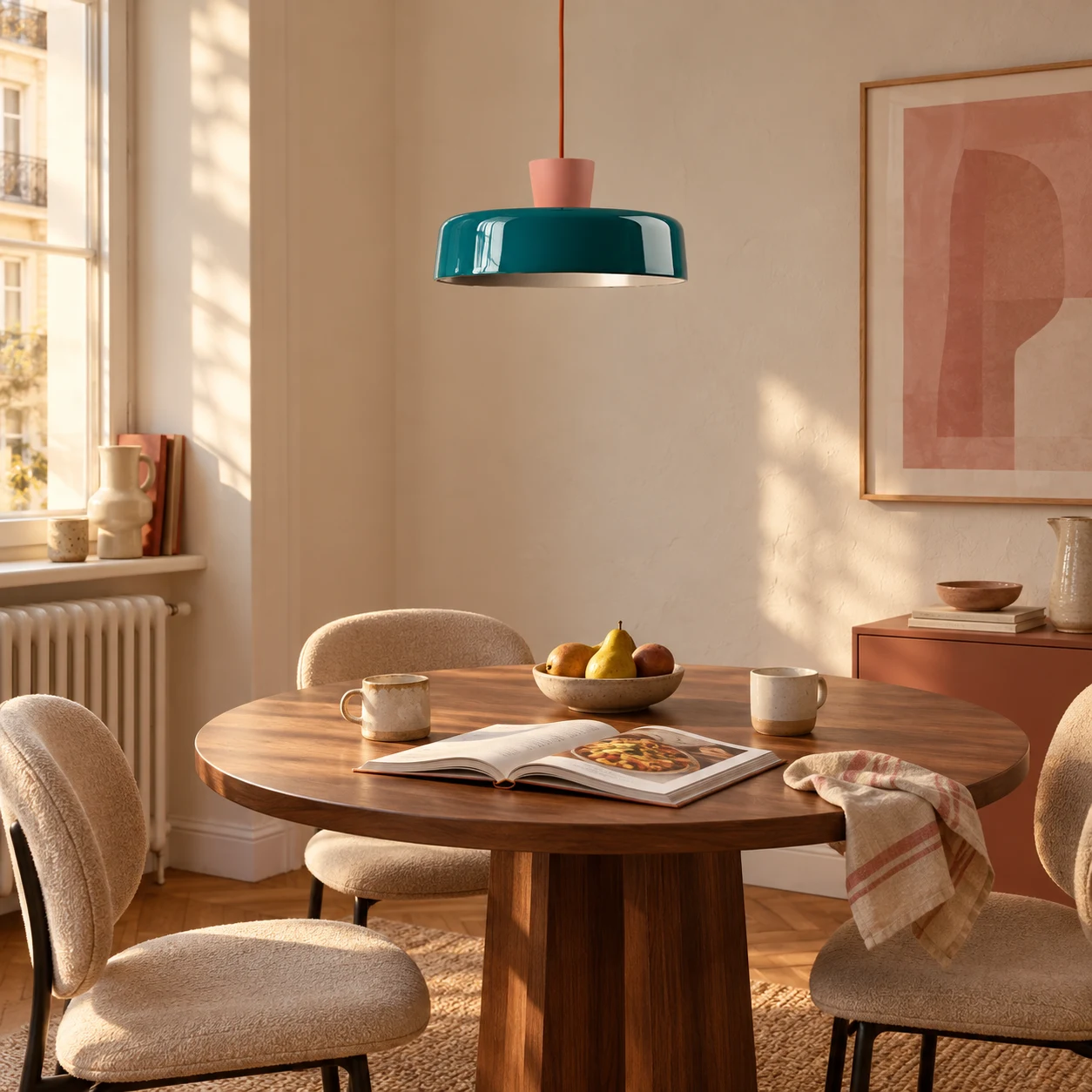 Suki pendant lamp above a lived-in dining table