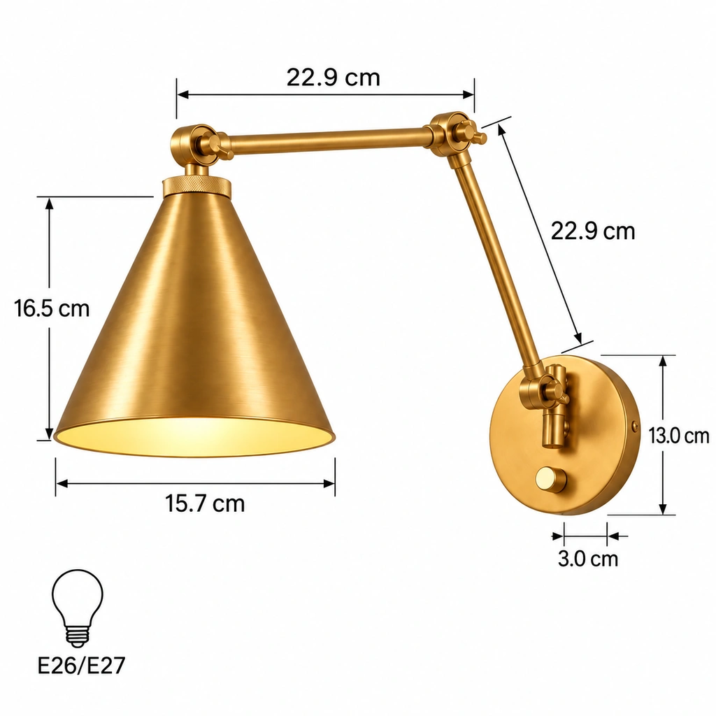 Jove Brass Articulating Swing Arm Wall Sconce dimensions in centimetres