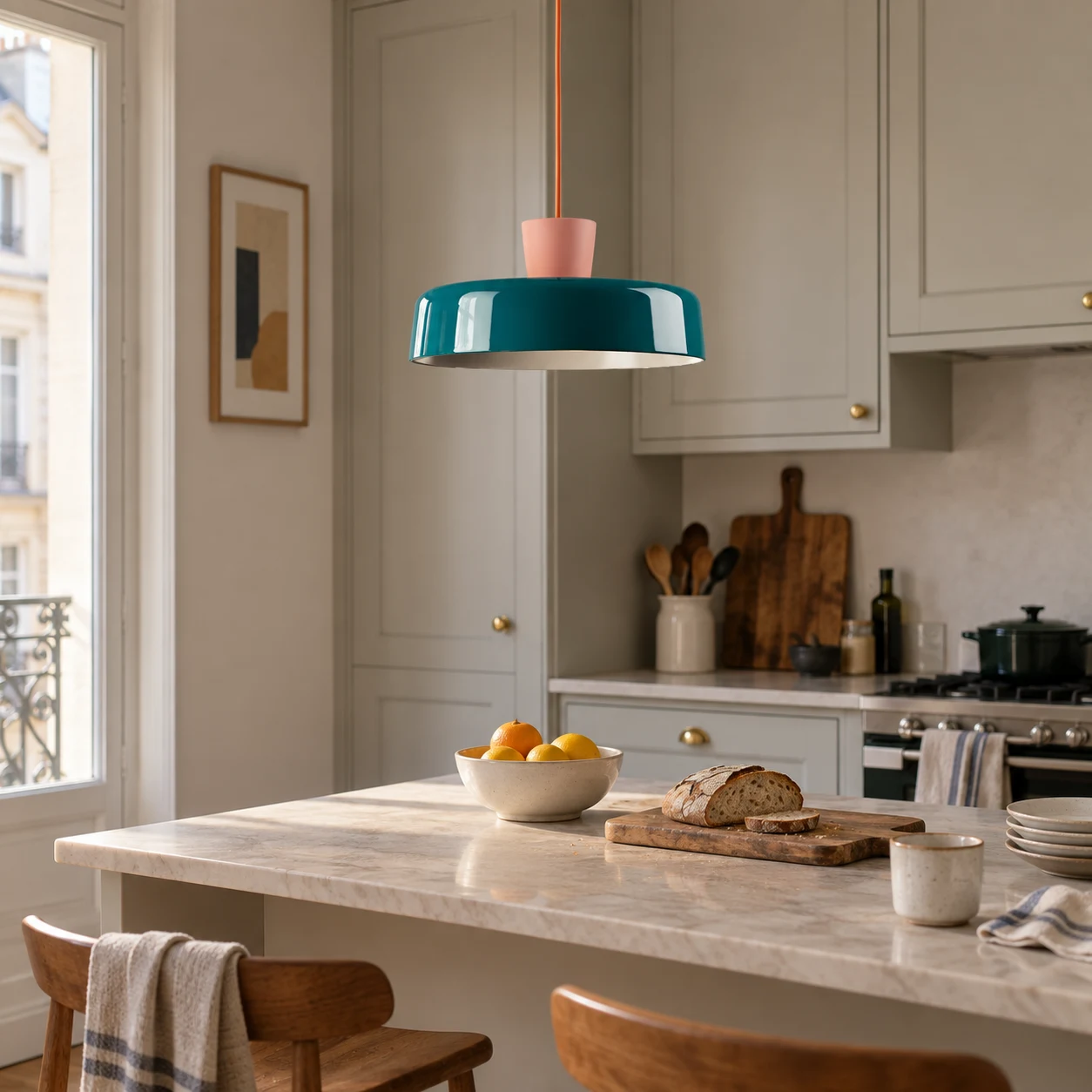 Suki pendant lamp above a lived-in kitchen island