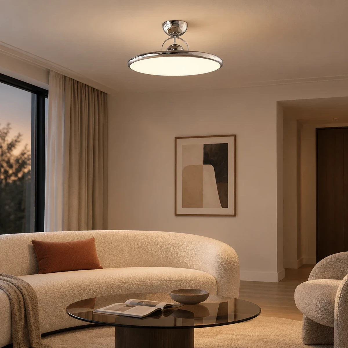 Chrome Aurelia disc ceiling light in a refined lounge