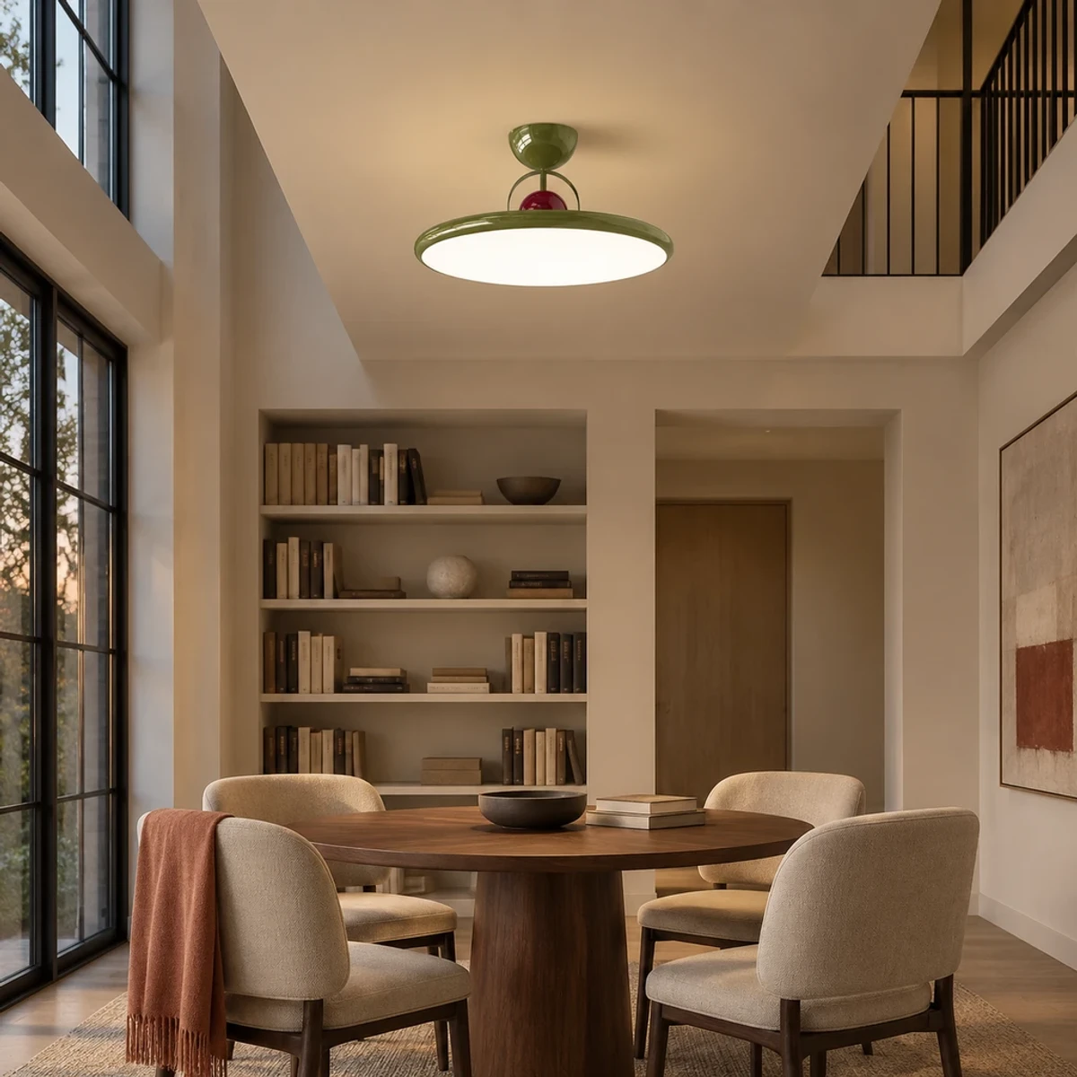 Green Aurelia disc ceiling light above a double-height dining room