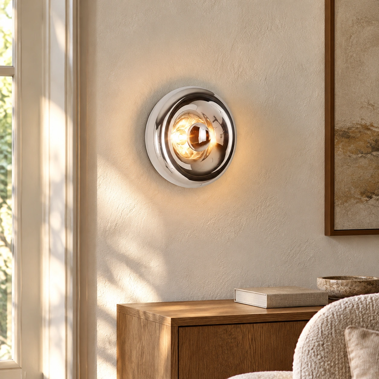 Chrome wall sconce in a quiet lounge