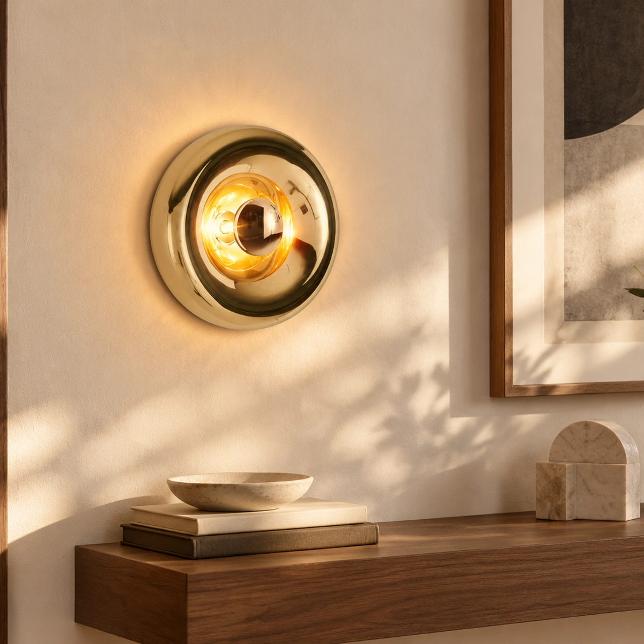Gold wall sconce on an entry wall