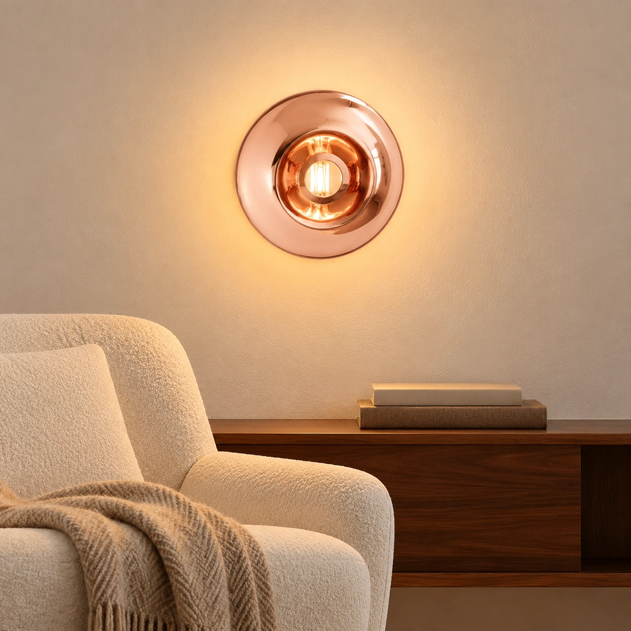 Rose gold wall light above a reading corner