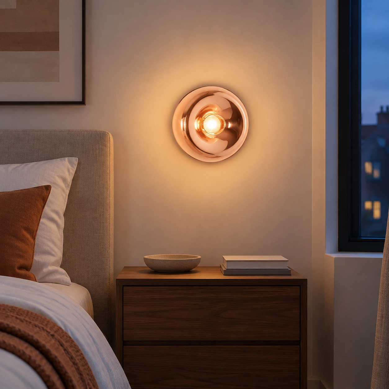 Rose gold blue-hour bedroom