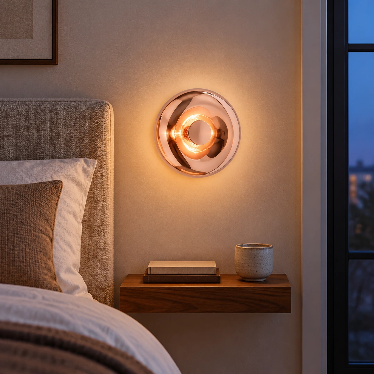 Rose gold wall sconce in a blue-hour bedroom