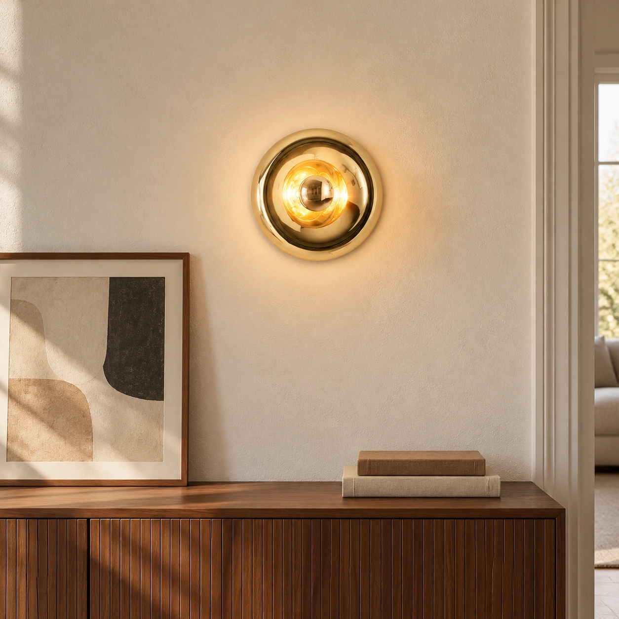 Gold wall light above a walnut sideboard
