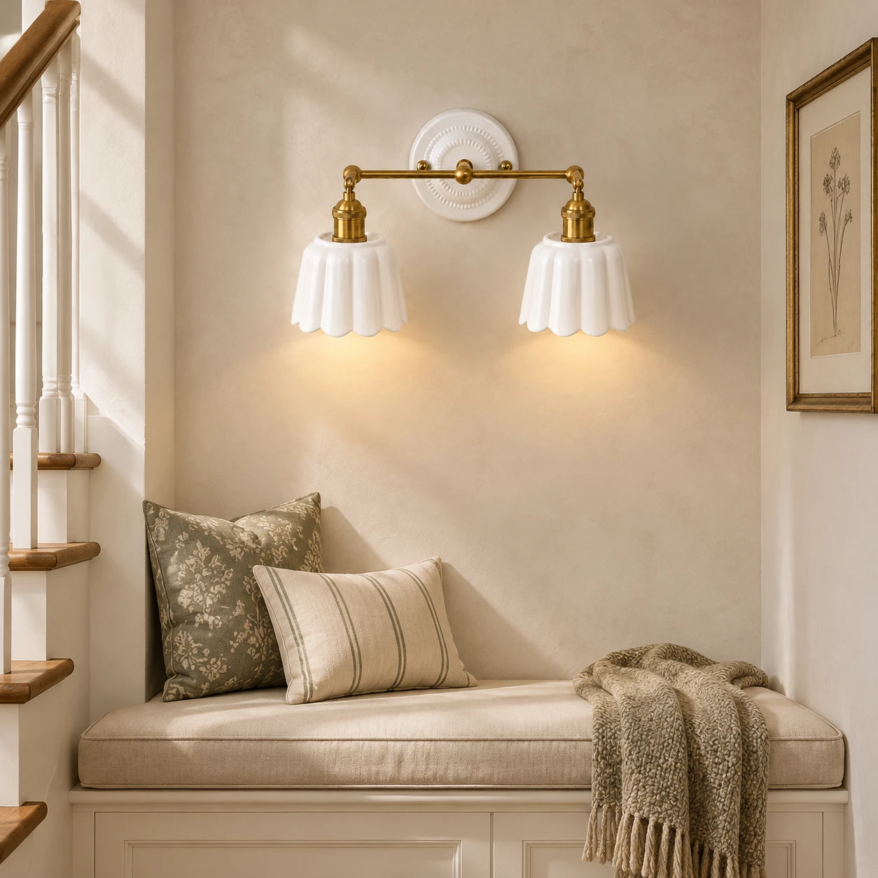 Fleur Vintage Petal Ceramic Vanity Light - stair landing