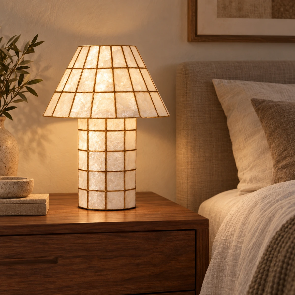 Capiz lamp beside a bed