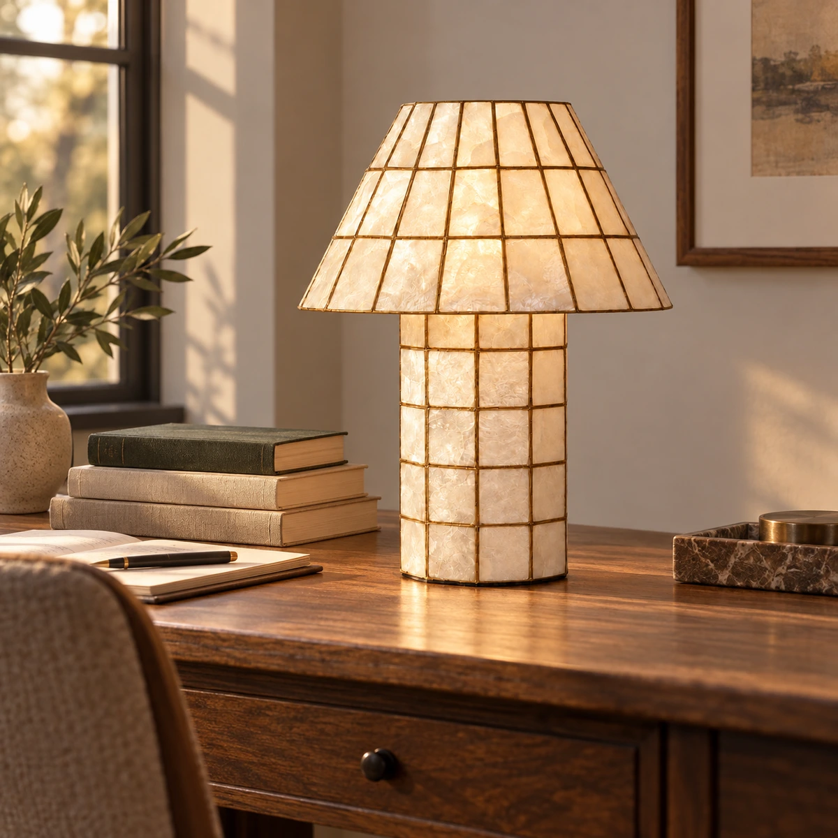 Capiz lamp on a study desk