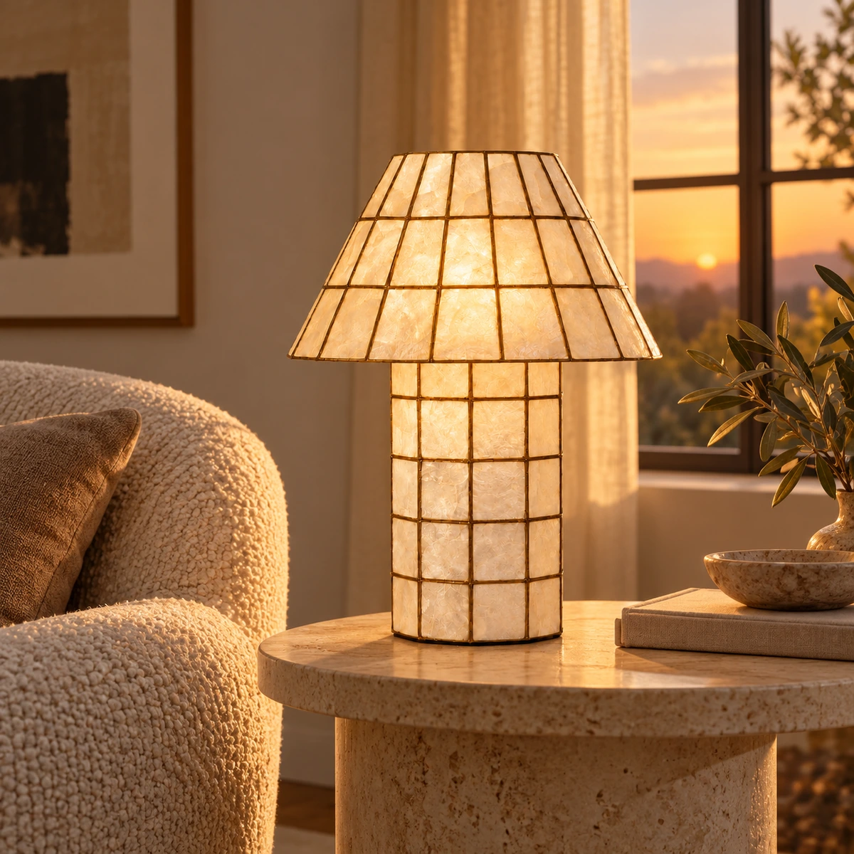 Capiz shell glow table lamp in a sunset room