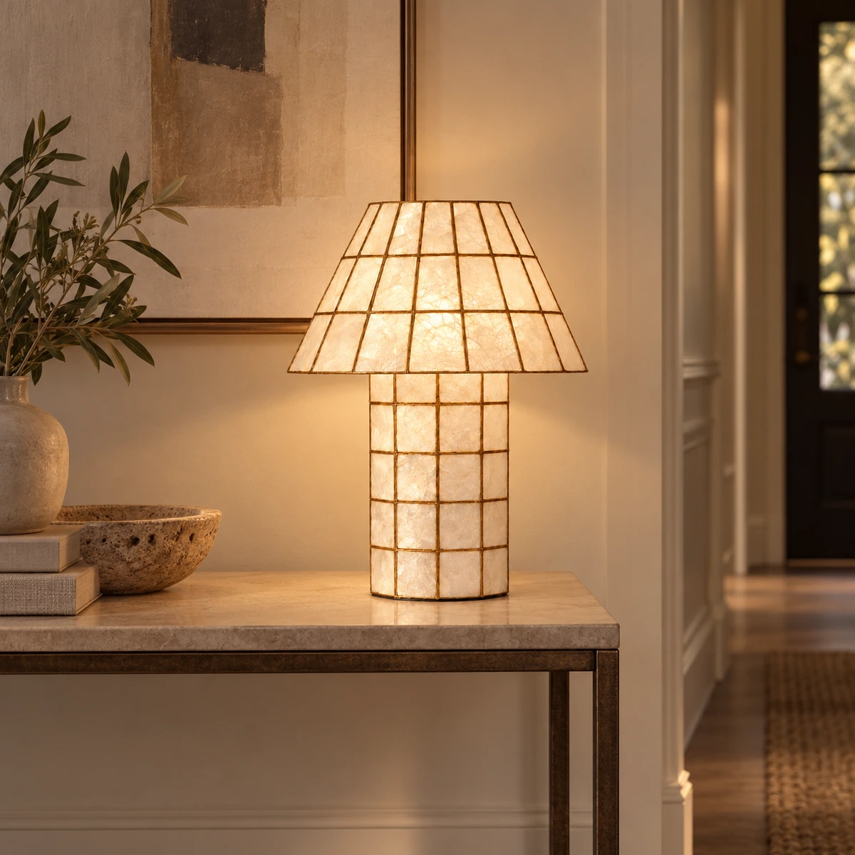 Capiz lamp on an entryway console