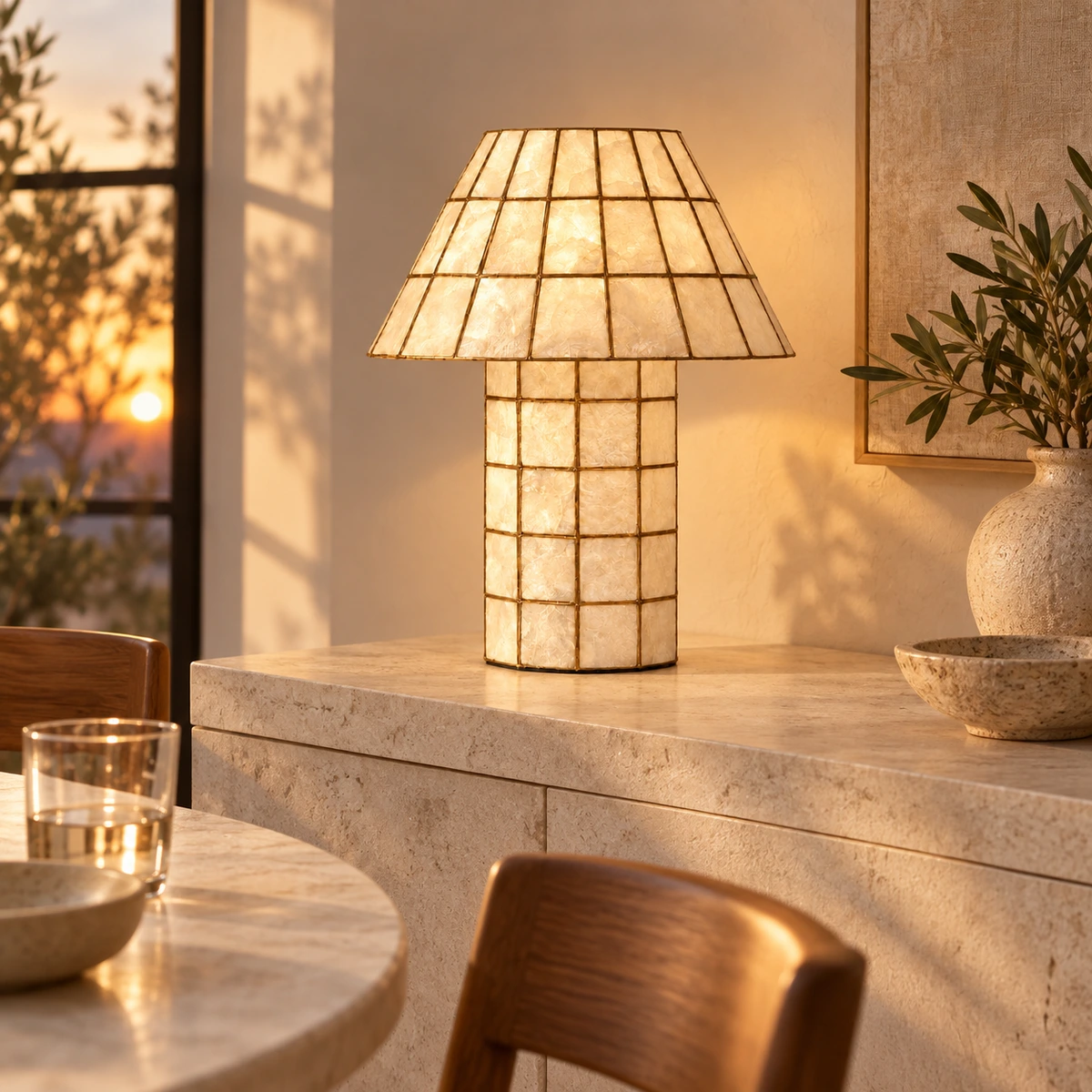 Capiz lamp on a dining sideboard