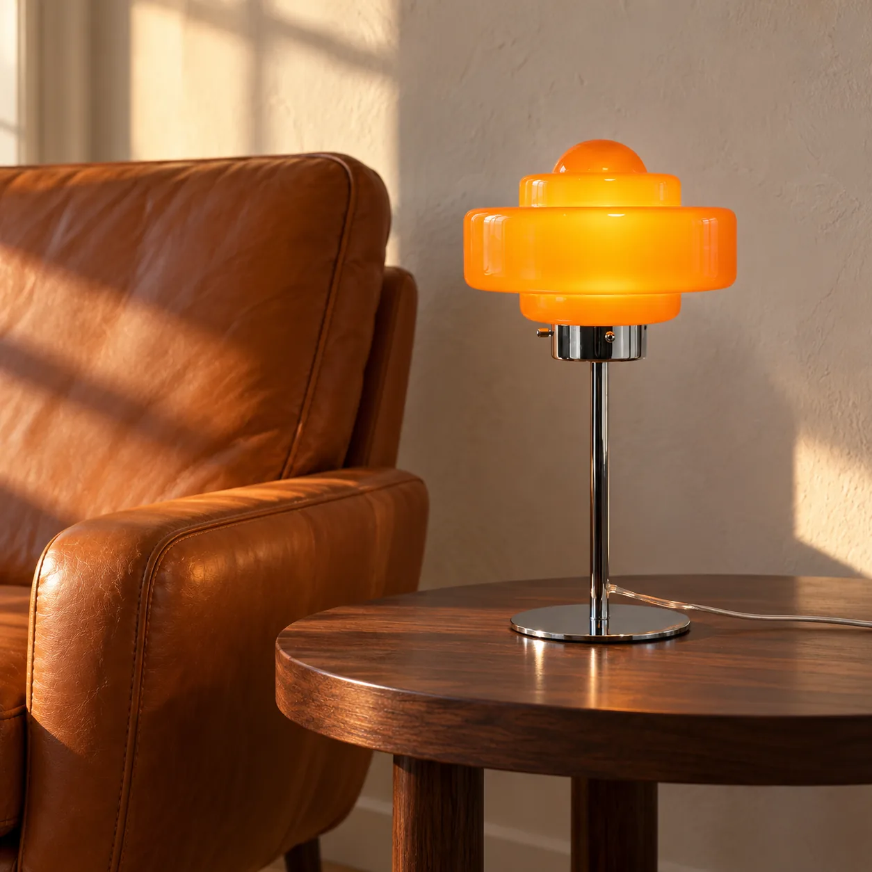 Orange disc lamp beside a leather chair