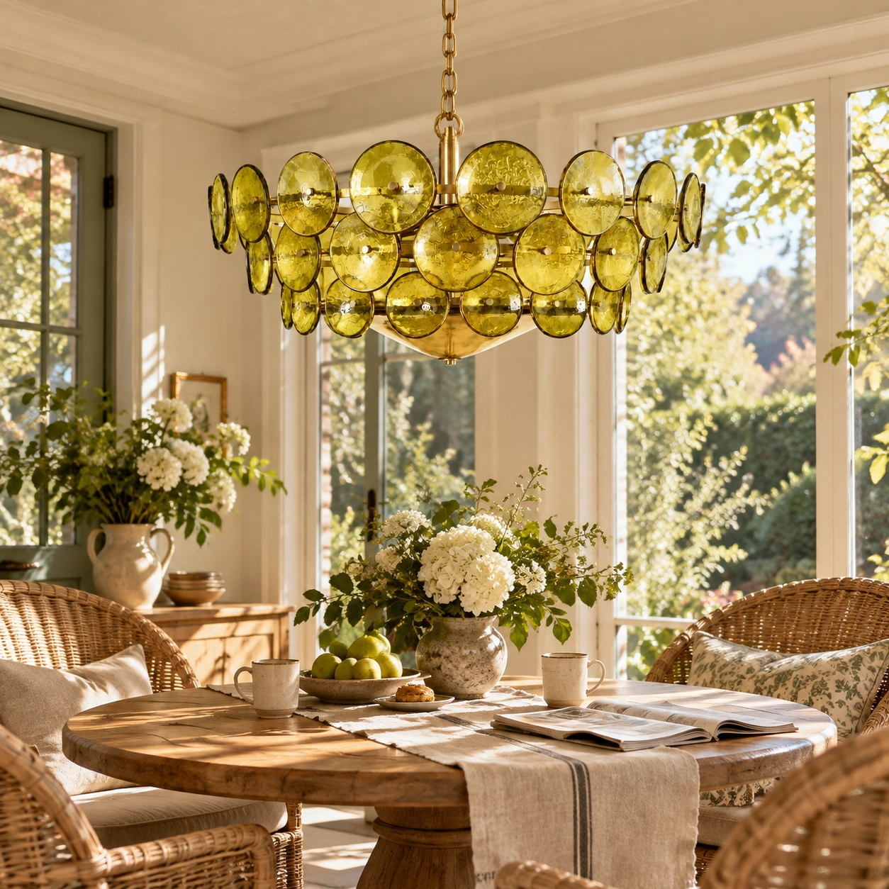 Green ring chandelier above a sunroom breakfast table