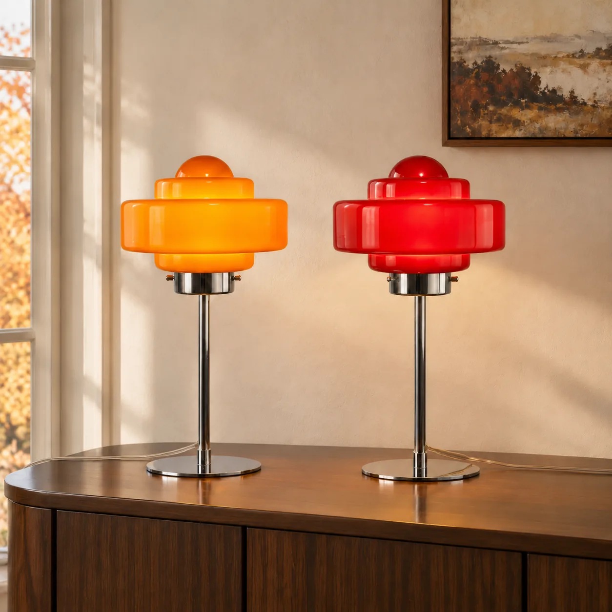 Orange and red layered disc glass table lamps