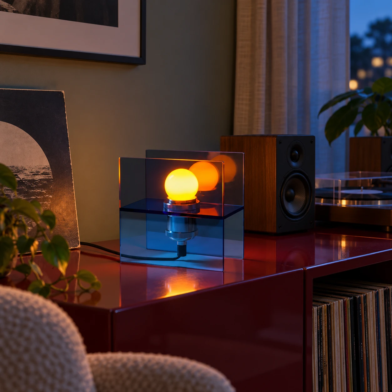 Sky Blue Mira lamp in a music listening room