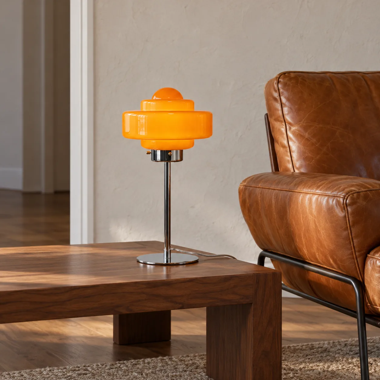 Orange disc lamp beside a lounge chair
