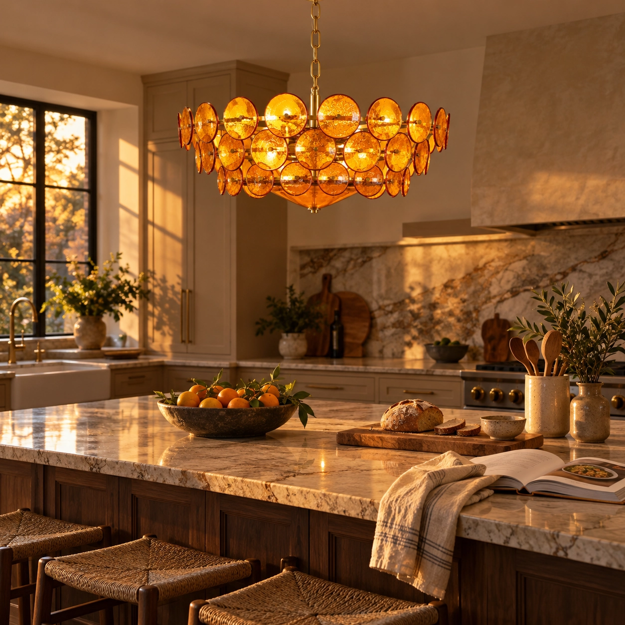Amber ring chandelier above a lived-in kitchen island