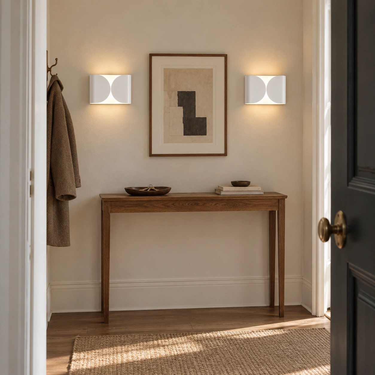 Two white Foglio wall lights in an entryway