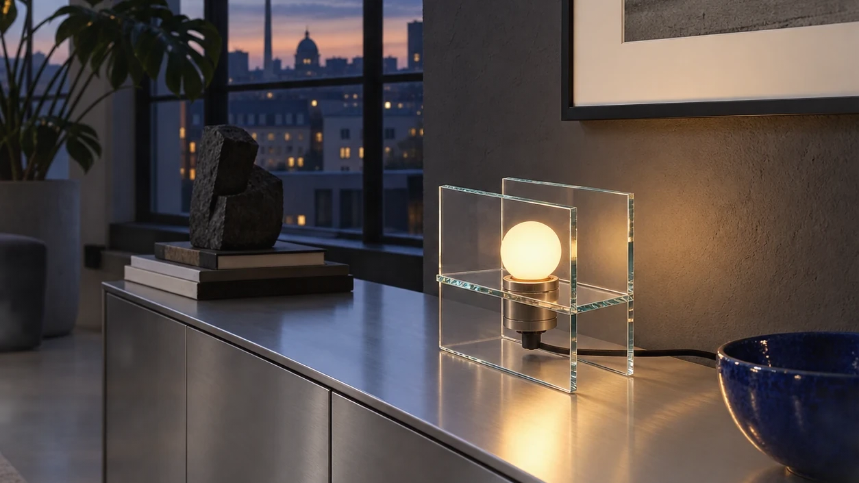 Transparent Mira lamp on a metal credenza in a Berlin apartment at blue hour