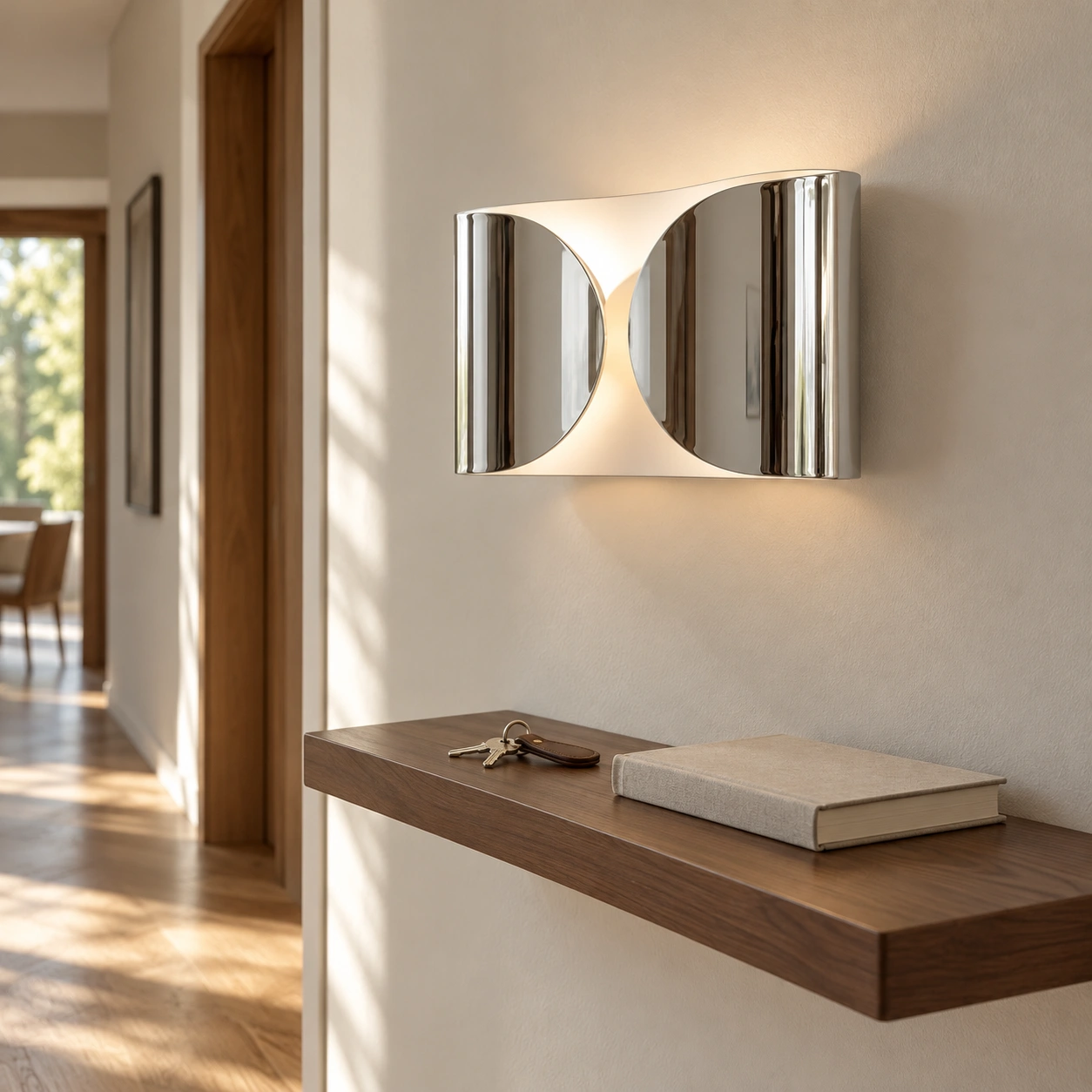 Chrome Foglio wall light in a hallway