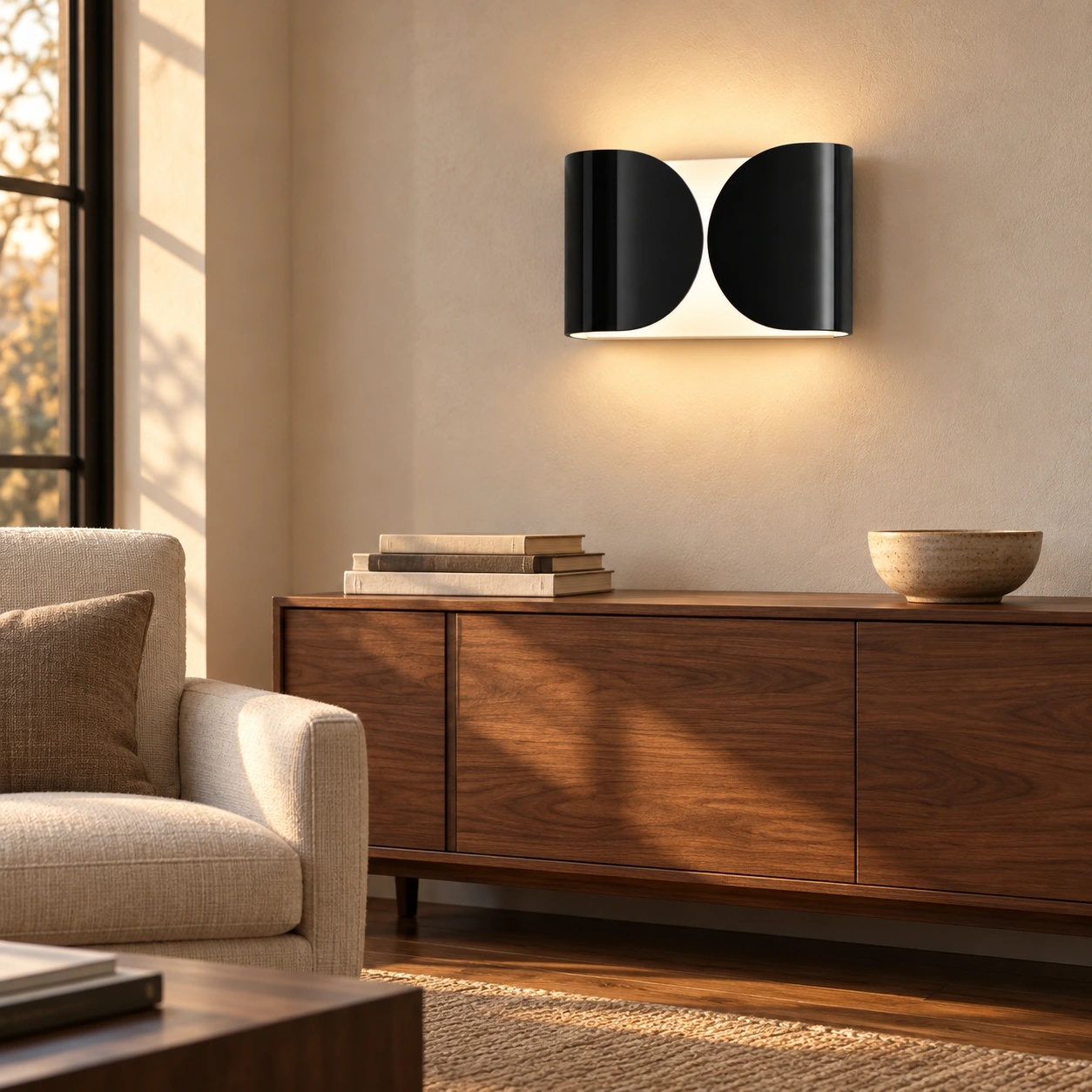 Black Foglio wall light above a living room sideboard