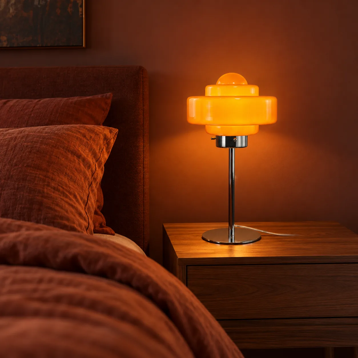Orange disc lamp on a nightstand