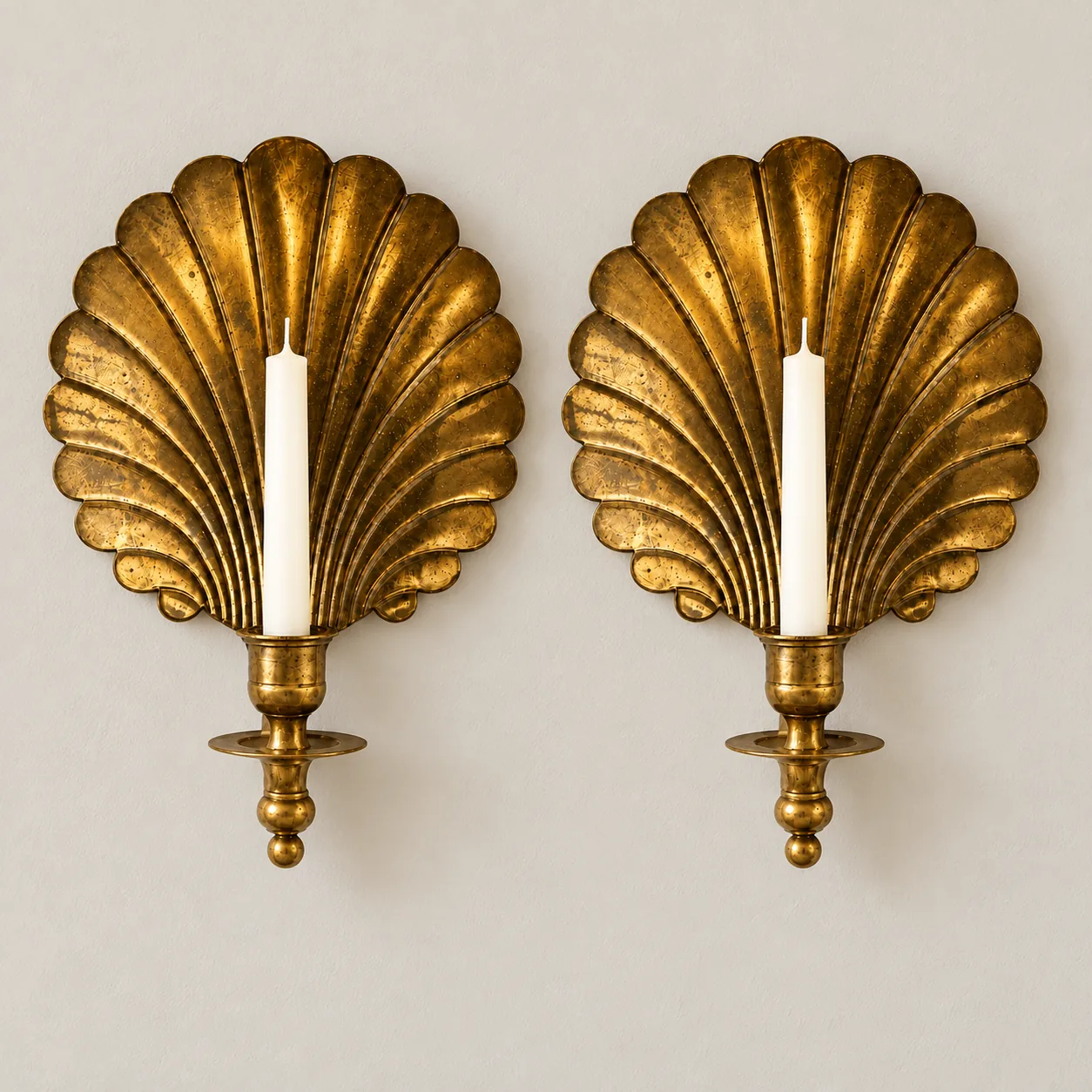 Set of two antique brass shell sconces