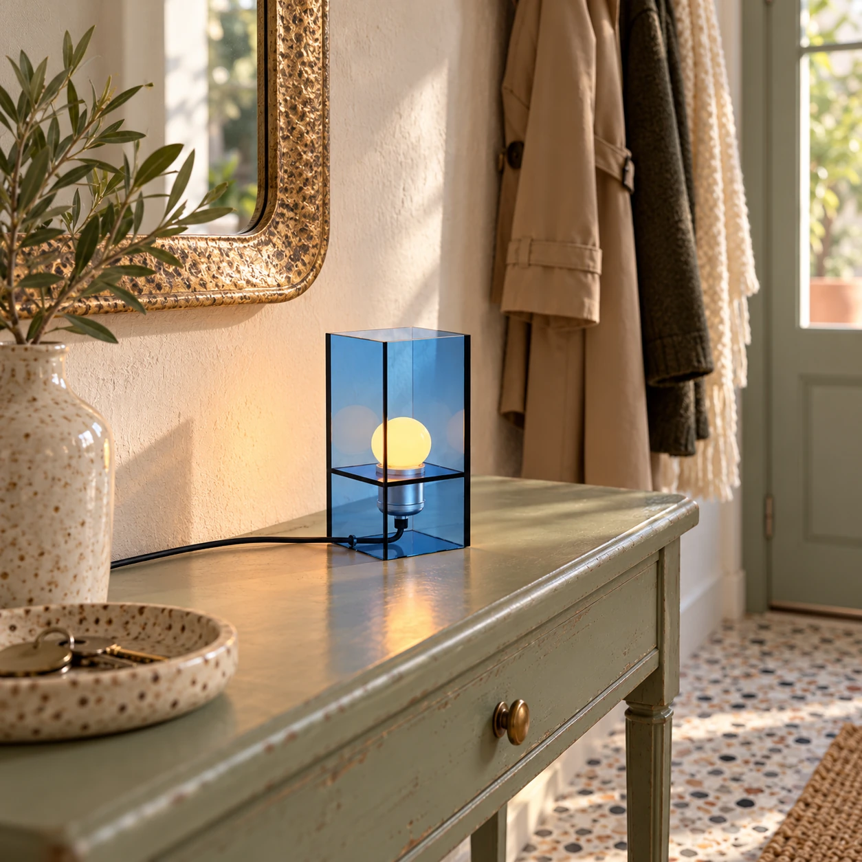 Compact Sky Blue Mira lamp on an entry console
