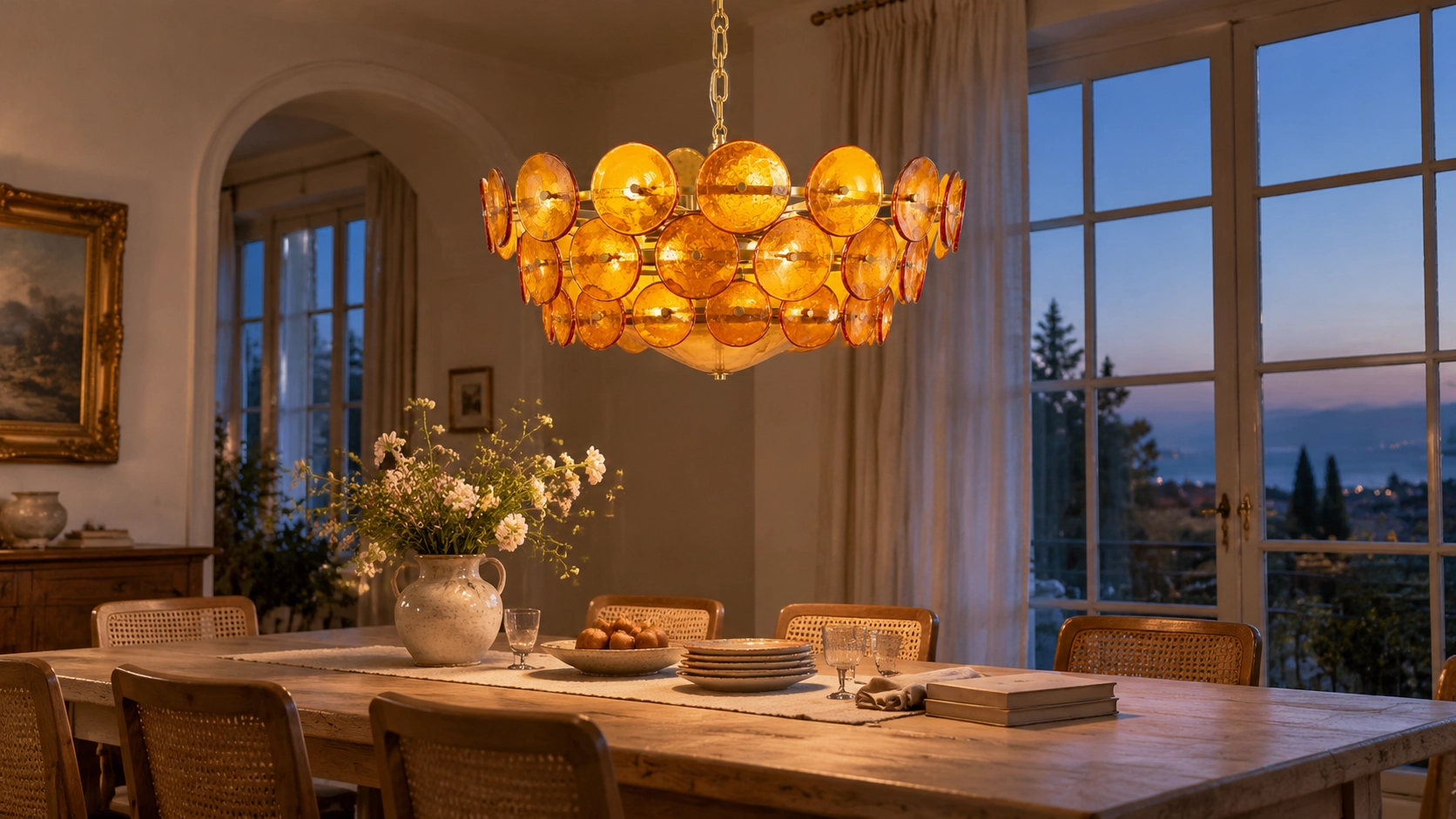 Amber ring chandelier over a long dining table at blue hour