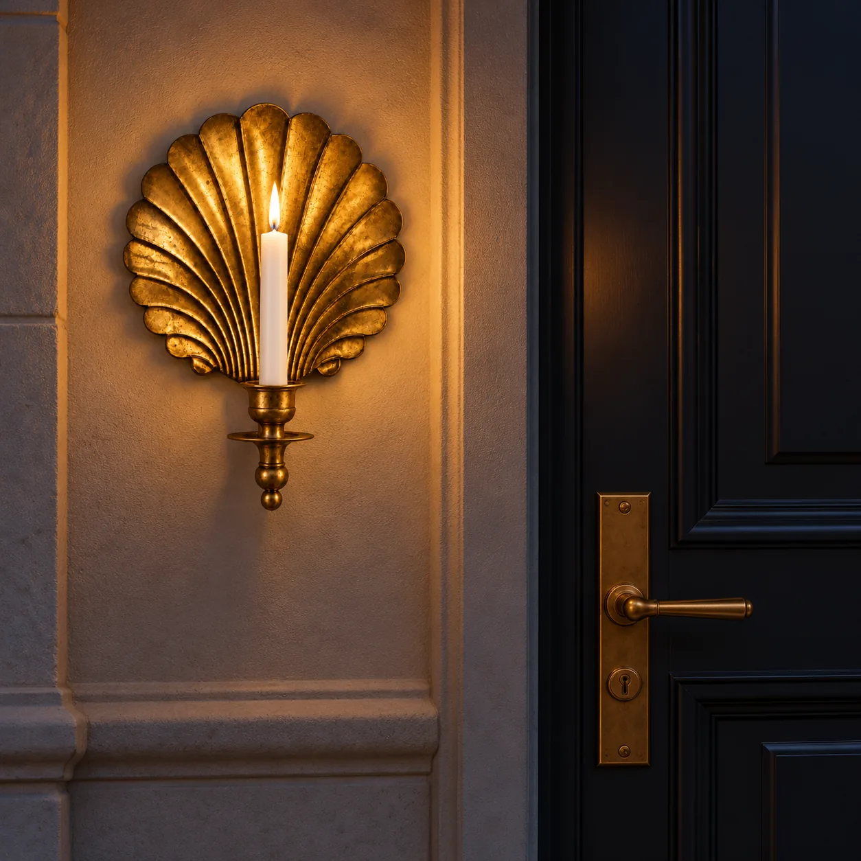 Lit shell sconce by an entry door