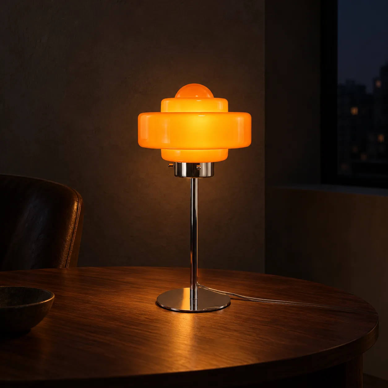 Orange disc lamp at night