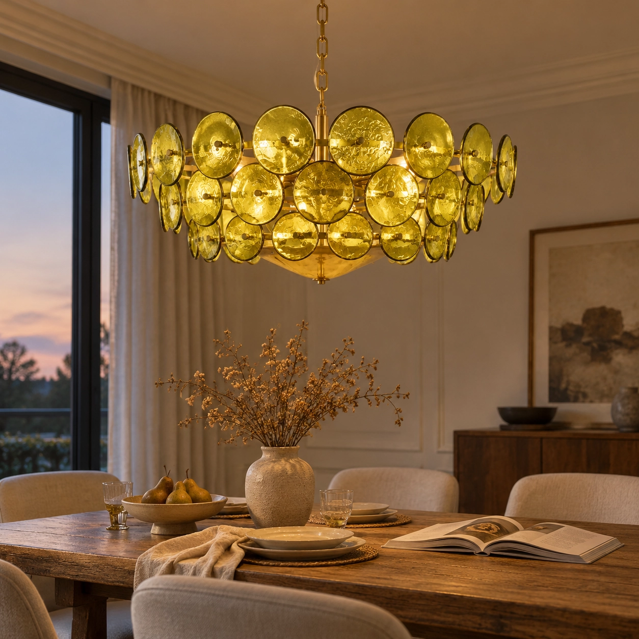 Green ring chandelier above a lived-in dining table