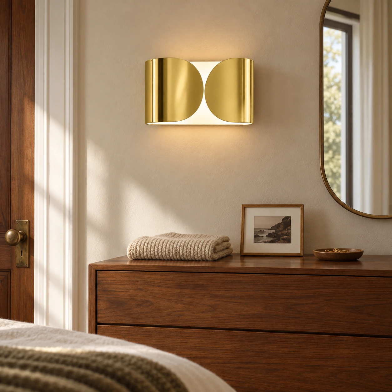 Gold Foglio wall light above a bedroom dresser
