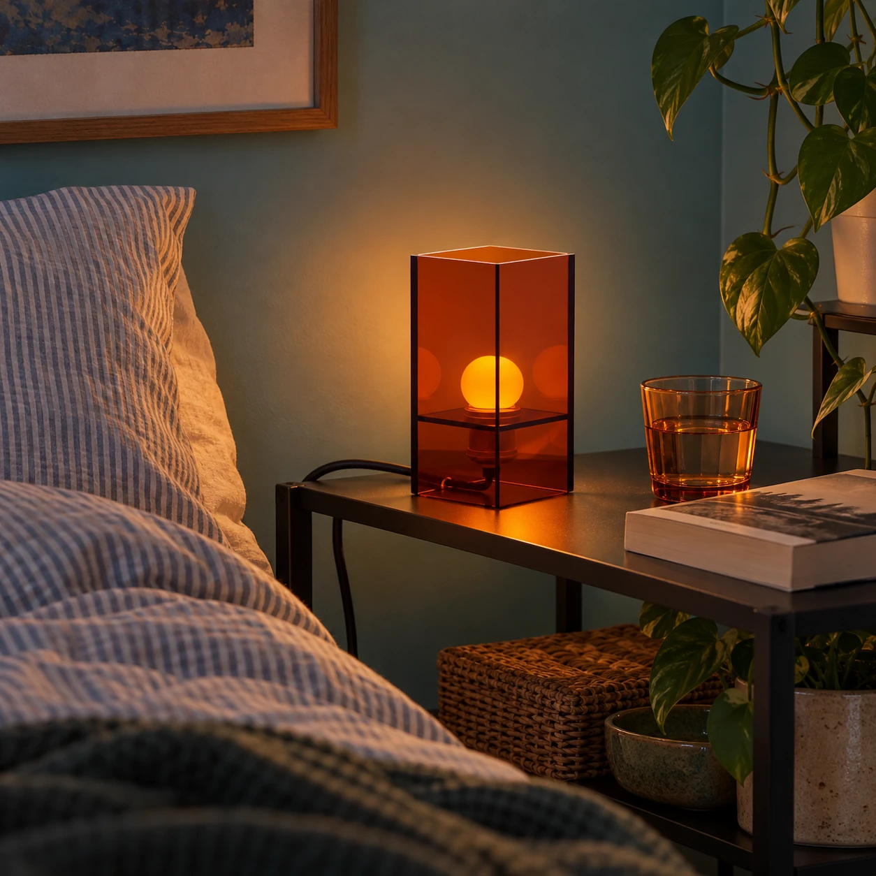 Compact Amber Brown Mira lamp on a bedroom shelf