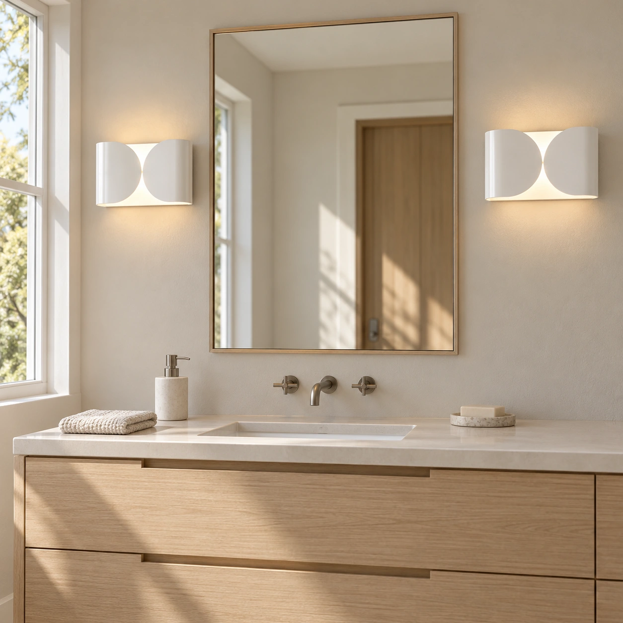 Two white Foglio wall lights beside a bathroom mirror