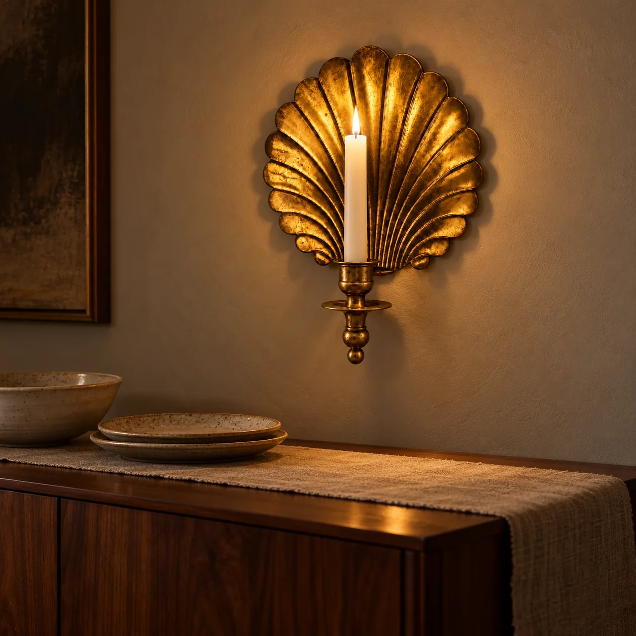 Lit shell sconce above a sideboard