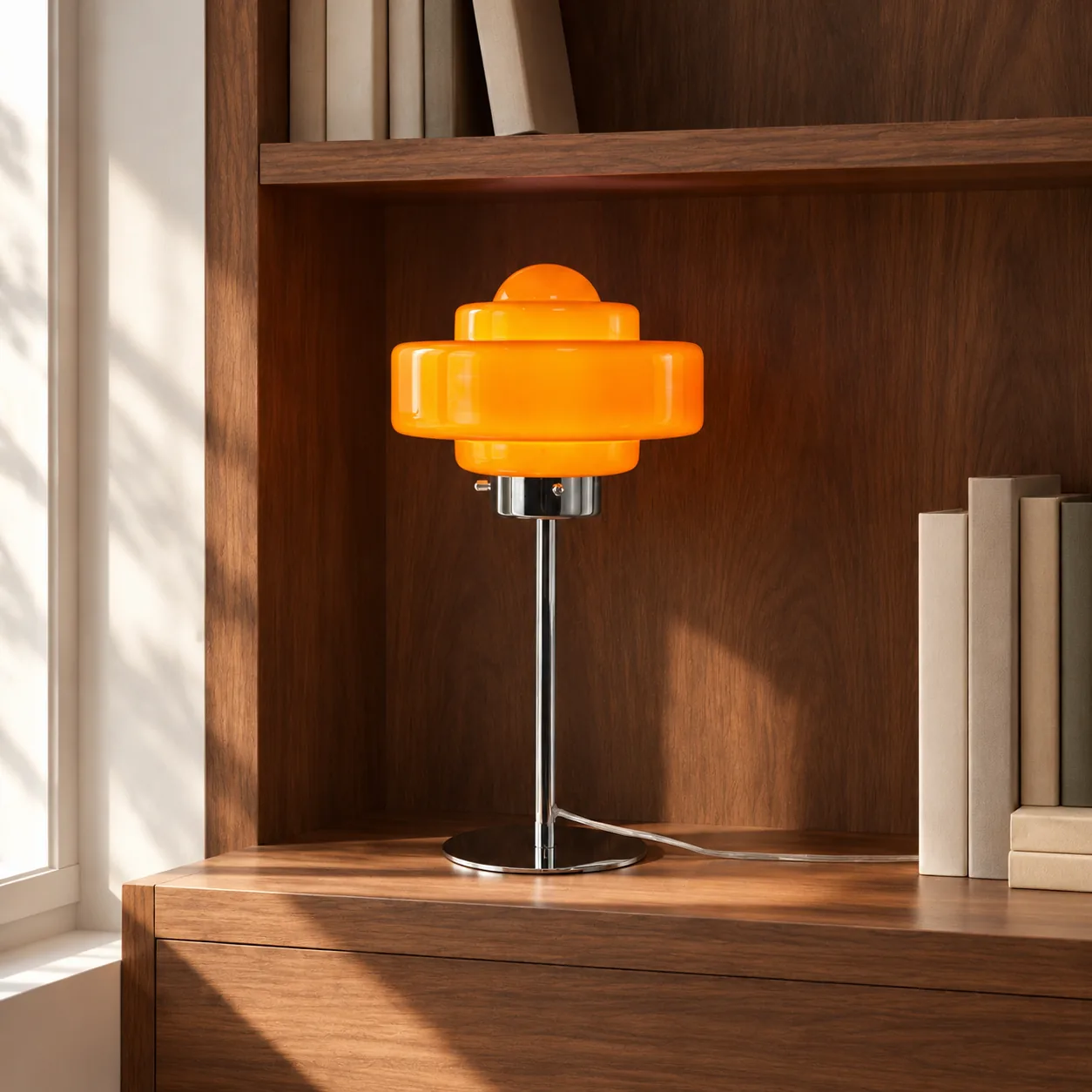 Orange disc lamp on a walnut shelf
