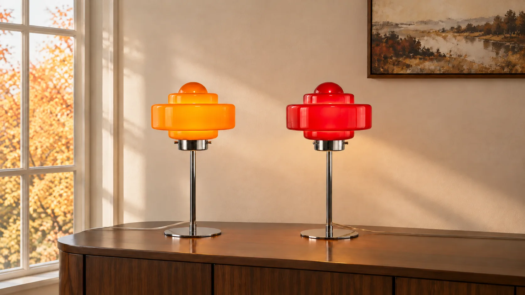 Orange and red layered disc glass table lamps
