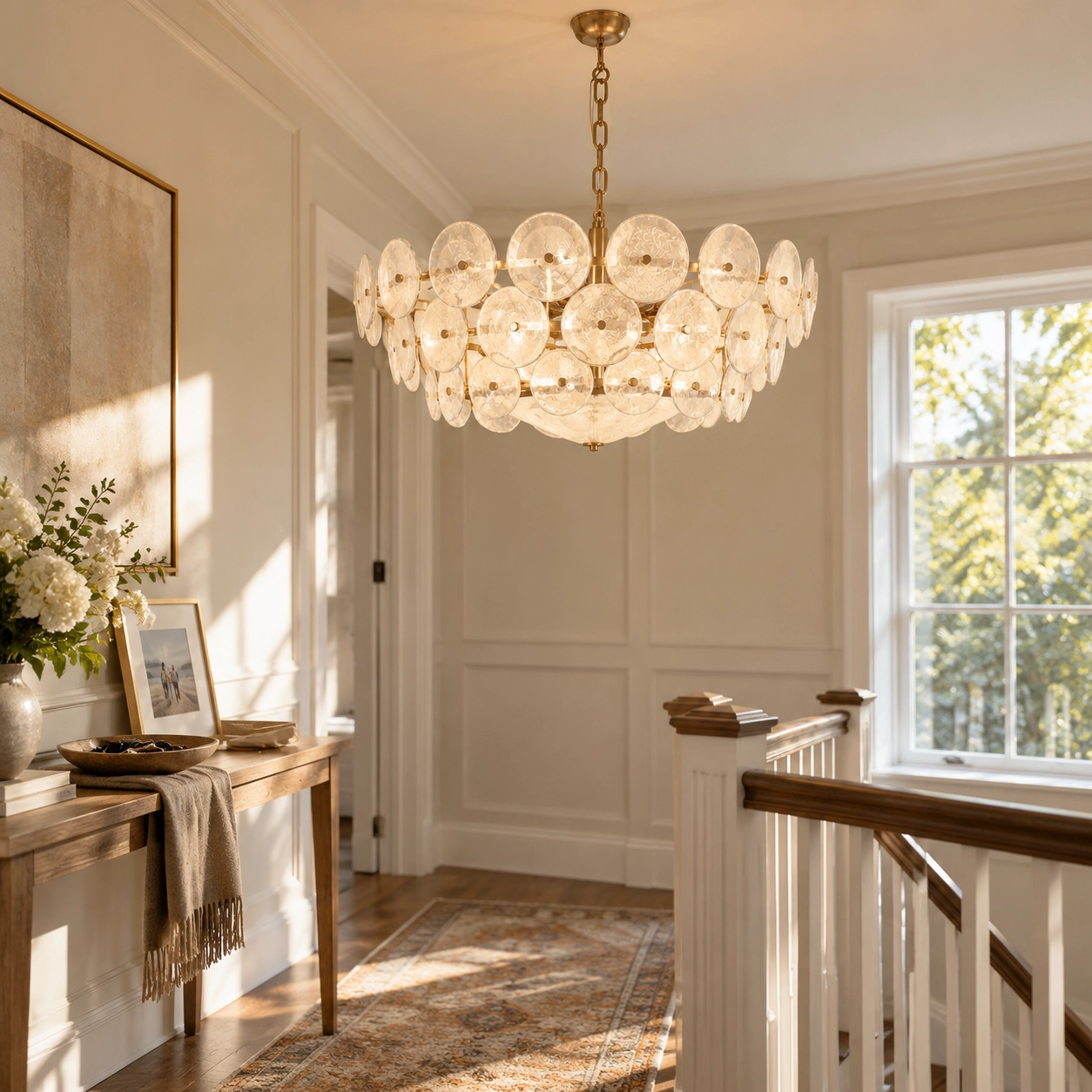 White ring chandelier above a stair landing console