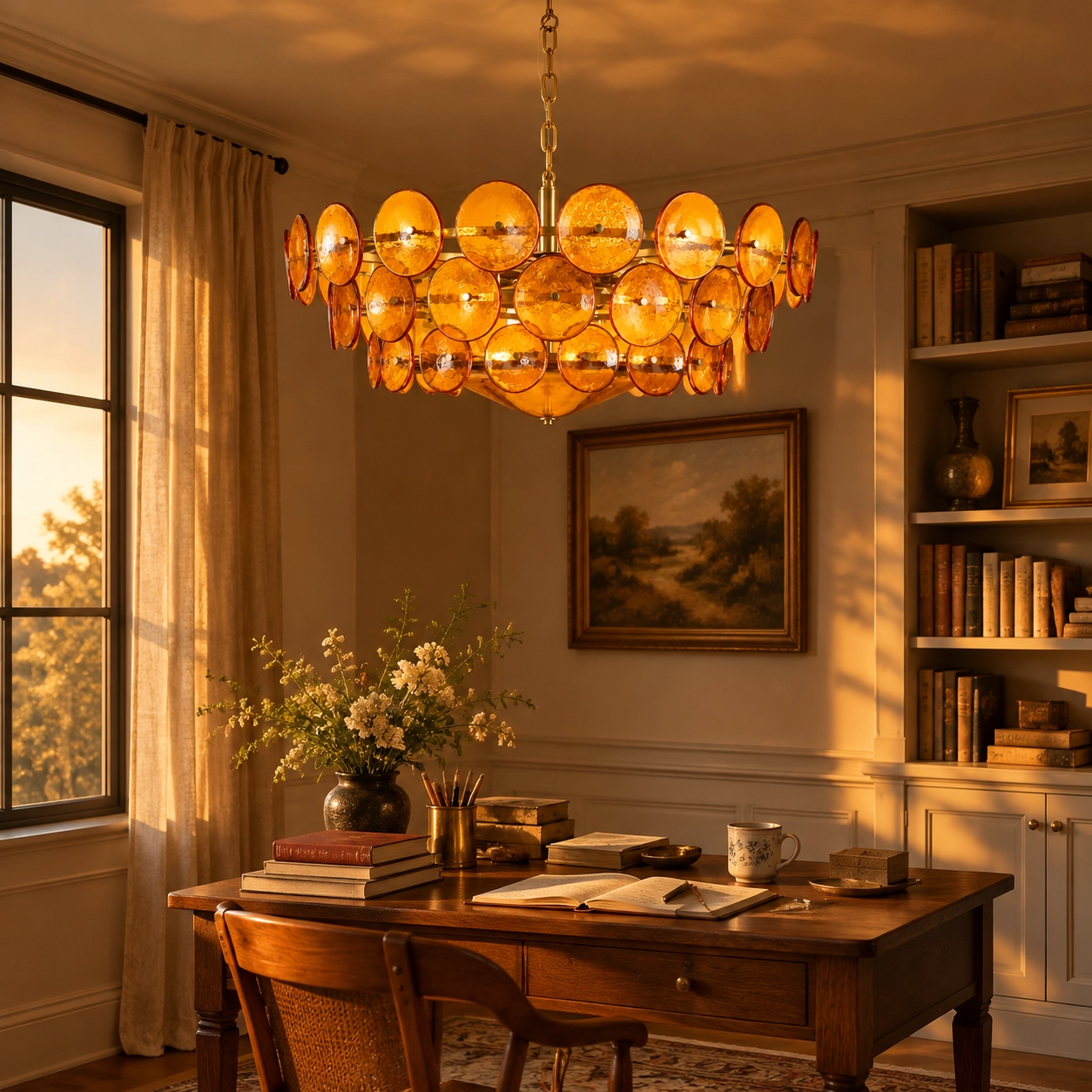Amber ring chandelier in a sunset study