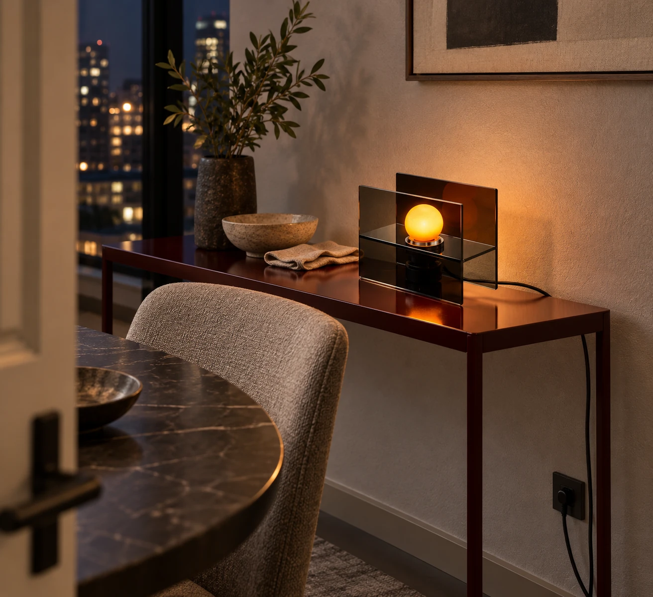 Crystal Black Mira lamp on a dining room console at night