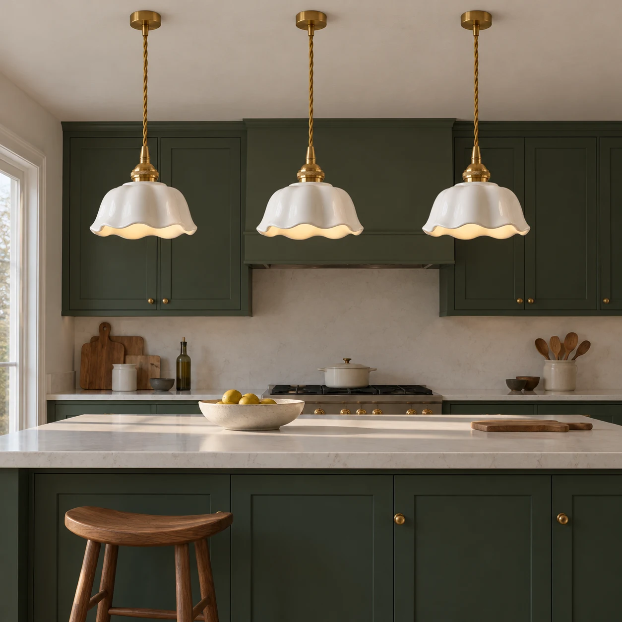 Three matching Florielle pendants over a kitchen island