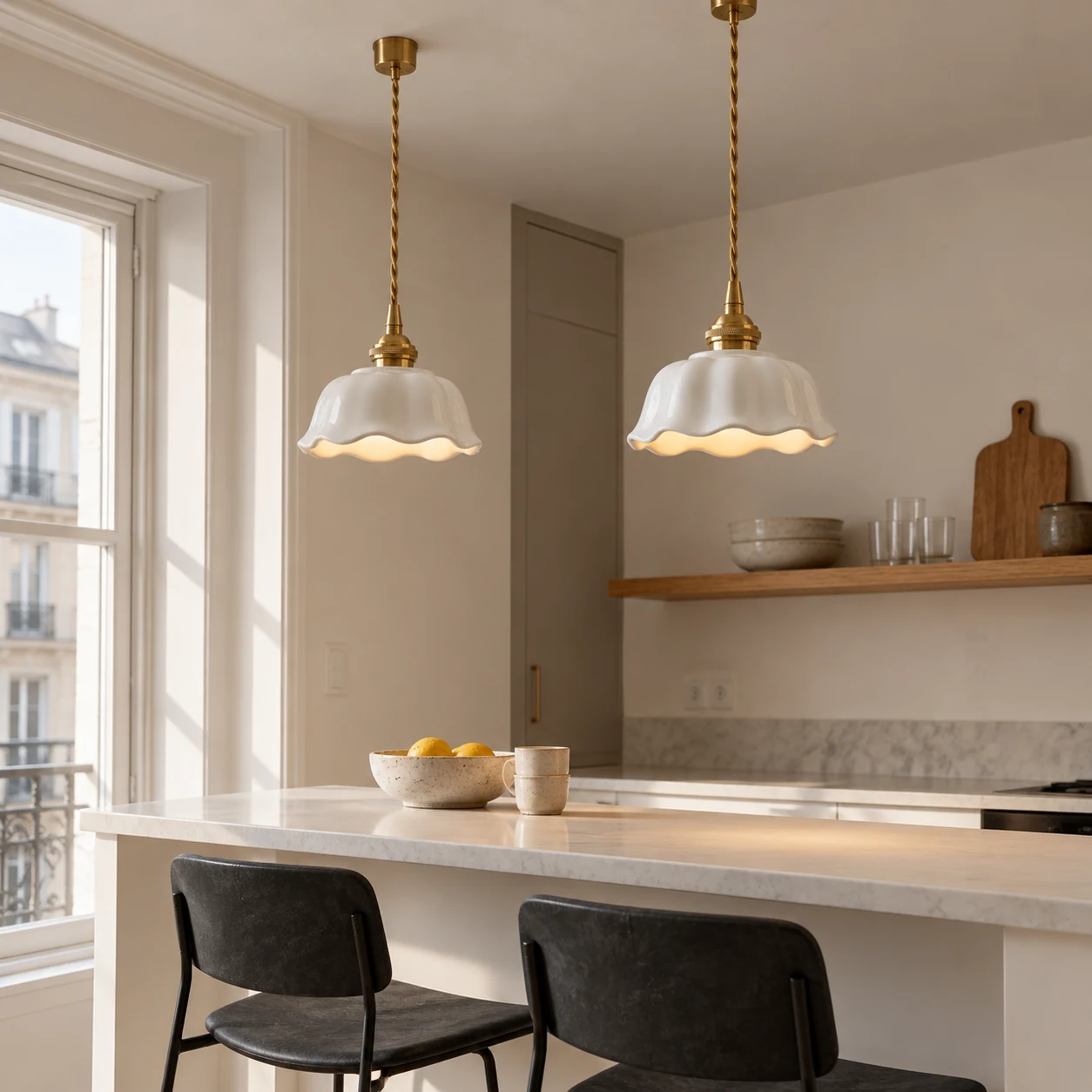 Two Florielle pendants over a breakfast counter